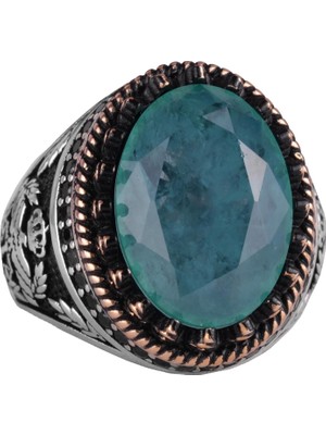 925 Ayar Gümüş Yüzük, Yapay Taş Yüzük, Kartal Sembolü Yüzük, El Yapımı Yüzük (Yapay Yeşil Paraiba)