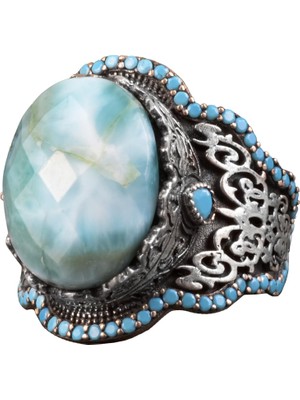 El Yapımı 925 Ayar Gümüş Erkek Yüzük - Doğal Taşlı Tasarım (Larimar)