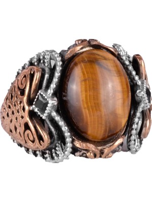 Doğal Kaplan Gözü Taşı Yüzük, 925K Katı Gümüş Erkek Yüzüğü, Cesur Tasarım