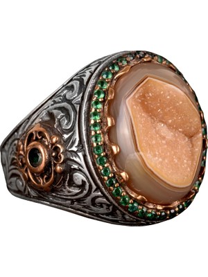 Doğal Druzy Kuvars Taş Yüzük - 925 Ayar Gümüş Yüzük - Lüks Yüzük