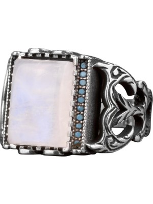 Erkekler Için Doğal Aytaşı Taş Yüzük, Turkuaz Aksanlarla, 925 Ayar Gümüş El Yapımı Vintage Tarzı