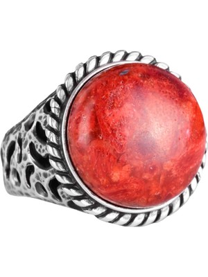 Doğal Taş Yüzük - 925K Katı Gümüş Erkek Yüzüğü Kırmızı Mercan ile