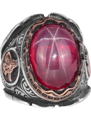 925 Ayar Gümüş Erkek Yüzük, El Yapımı Doğal Star Ruby Taşlı Yüzük, Osmanlı Tuğra Gümüş Yüzük