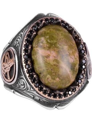 925K Katı Gümüş Erkek Yüzüğü Doğal Taşlarla - El Yapımı Zarafet (Unakite Taşı)