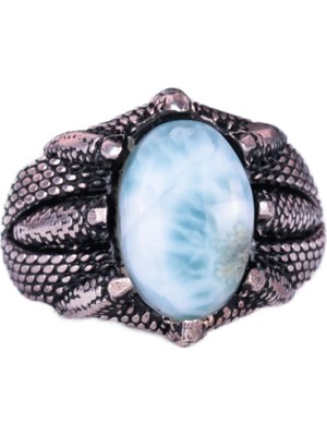925 Ayar Gümüş Erkek Yüzük, Doğal Taşlı, El Yapımı Vintage Tasarım Pençeli Yüzük (Larimar)