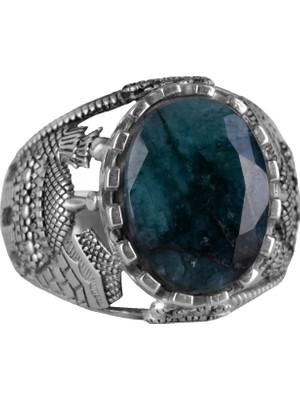 Doğal Zümrüt Taşlı Yüzük, 925 Ayar Katı Gümüş Erkek Islami Yüzük