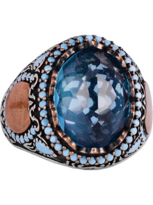 Akvamarin Cam Taşlı Yüzük - El Yapımı Erkek Yüzüğü - Şık 925 Ayar Gümüş Erkek Yüzüğü