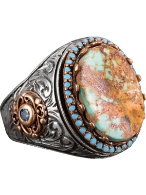 Erkek El Yapımı Doğal Arizona Turkuaz Taş Yüzük, 925 Ayar Gümüş Yüzük, Sultan Yüzük