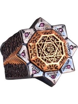 925 Ayar Gümüş Erkek Yüzük - Kırmızı Zirkon Taşlı Davut Yıldızı ve Süleyman Mühürü Tasarımlı Yüzük