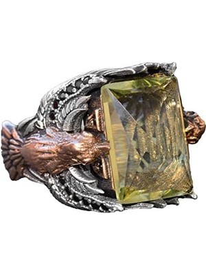 El Yapımı Yapay Citrin Taşlı Yüzük, Kartal Tasarımlı Sterlin Gümüş Erkek Yüzüğü - Neşe ve Refah Sembolü