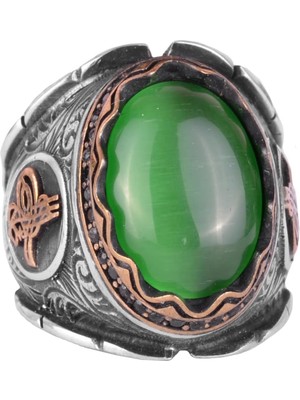 Yeşil Catseye Yapay Taş Yüzük, Osmanlı Tugra Gümüş Yüzük, 925 Ayar Gümüş Yapay Taş Yüzükler - Çeşitli ve Farklı Koleksiyon