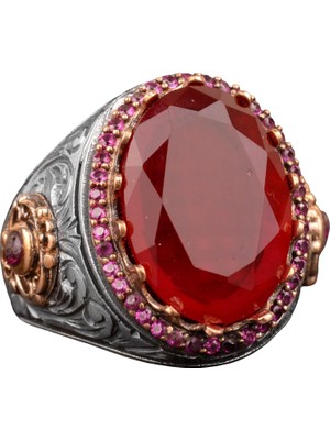 Erkekler Için Sterlin Gümüş Yüzük - Oluşturulmuş Garnet Taşı ile Karmaşık Tasarım