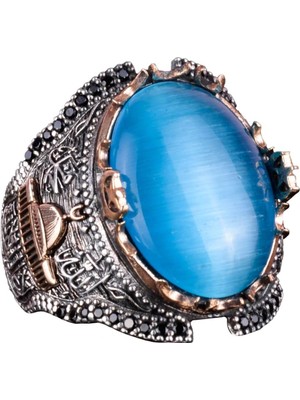 Islami Camii 925 Ayar Gümüş Erkek Yüzük, Açık Mavi Kedi Gözü Oluşan Taş Yüzük
