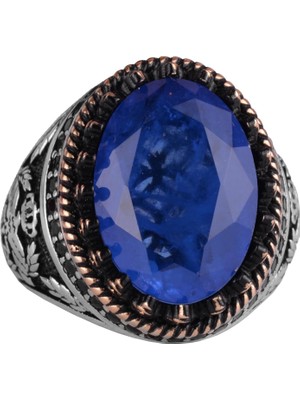 925 Ayar Gümüş Yüzük, Yapay Taş Yüzük, Kartal Sembolü Yüzük, El Yapımı Yüzük (Yapay Lacivert Paraiba)