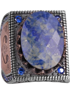 Doğal Sodalit Taş Yüzük - 925 Ayar Gümüş Islami Yüzük - El Yapımı Hat Yüzük