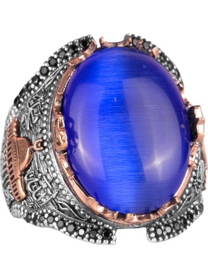 Yapay Navy Mavi Kedi Gözü Taşlı Yüzük, 925 Ayar Gümüş Taşlı Yüzük