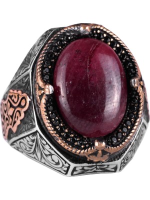 925 Ayar Katı Gümüş Yüzük, Doğal Cabochon Yakut Taşlı Yüzük Erkekler Için