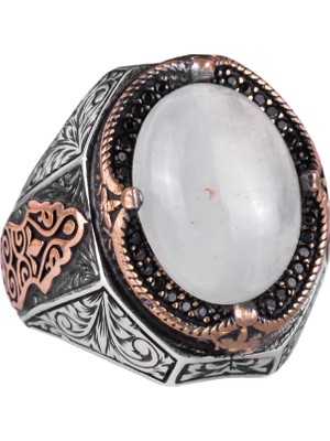 El Yapımı Cabochon Ay Taşı Yüzük - Sakin 925K Katı Gümüş Erkek Yüzüğü, Şeffaflık ve Sakin Tasarım