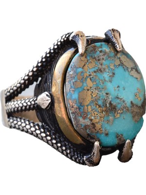 Doğal Arizona Turkuaz Taşlı 925 Ayar Gümüş Pençe Erkek Yüzük - Güç ve Denge Artırıcı