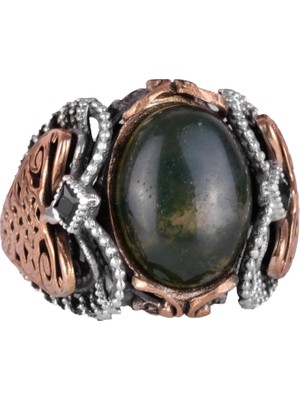 Doğal Yosun Akik Taşı, 925 Ayar Katı Gümüş Erkek Yüzük, El Yapımı Zarafet