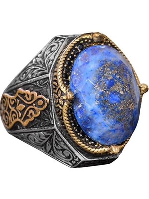 El Yapımı Vintage Tasarım Zümrüt Yüzük - 925 Ayar Gümüş Erkek Yüzük Altın Vurgularla (Sodalit)