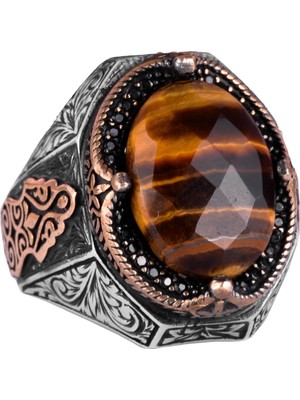 El Yapımı Doğal Kaplan Gözlü Taş Yüzük - 925 Ayar Katı Gümüş Erkek Yüzüğü, Cesur Tasarım