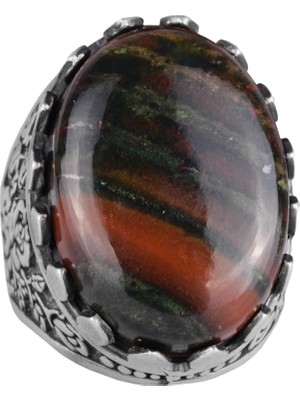 Doğal Taş Yüzük - Gül Desenli Yüzük - 925 Ayar Gümüş Yüzük - El Yapımı Büyük Yüzük (Yeşil Kan Taşı)