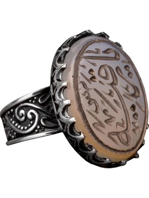 Erkekler Için 925 Ayar Gümüş Islami Yüzük - Doğal Akik Taşı ile Elle Oyulmuş Hat Sanatı