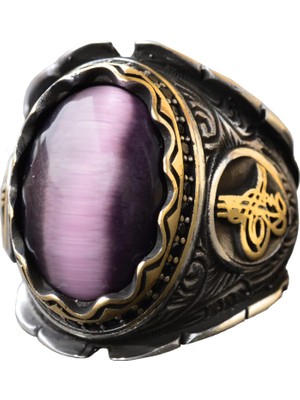 Kedi Gözü Ametist Taşlı Yüzük, Osmanlı Yüzüğü, Erkek Yüzüğü, Gümüş Yüzük