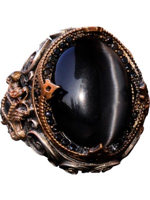 El Yapımı Sentetik Taş Yüzük - 925 Ayar Gümüş Erkek Takısı (Siyah Kedi Gözü)