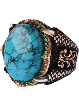 Erkekler Için Gümüş Şahin Pençesi Yüzük - Doğal Turkuaz Taşı