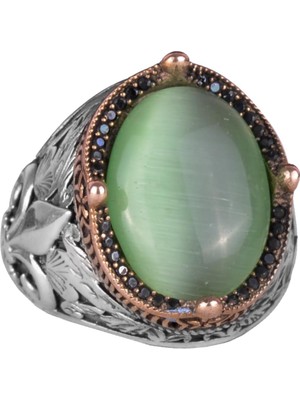 925 Ayar Gümüş Yüzükler Premium Üretilmiş Taşlarla (Açık Yeşil Kedi Gözü Yapay Taş)