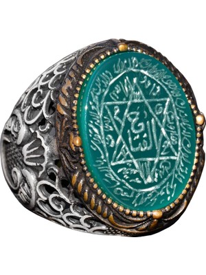 El Yapımı Süleyman Mührü Yüzüğü, Doğal Yeşil Oniks Taşı, Islami Erkek Yüzüğü, 925 Ayar Gümüş