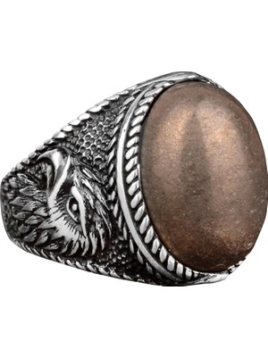 Doğal Pirit Taşlı Yüzük, Kartal Yüzüğü, 925 Ayar Gümüş Erkek Yüzüğü