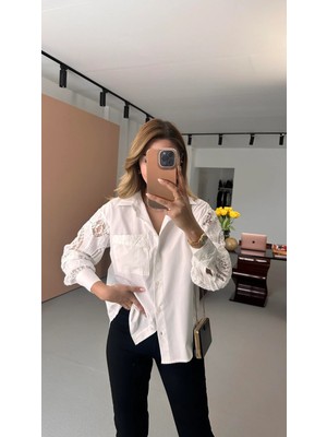 Bebe Plus Kadın Dantel Kol Sırt  Detaylı Şık Pamuk Gömlek