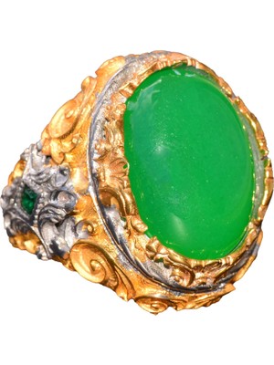 Doğal Yeşil Jade Taş Yüzük, 925 Ayar Gümüş Yüzük, Erkek Yüzük