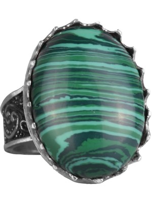 Doğal Taş Yüzük - 925 Ayar Gümüş Büyük Yüzük - El Yapımı Yüzük (Malakit)