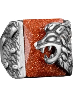 Sterling Gümüş Erkek Aslan Hayvan Yüzüğü - Yapay Goldstone Taşı ile El Yapımı