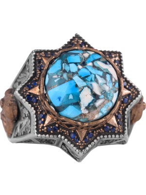 Doğal Turkuaz Taşlı Gümüş Erkek Yüzük, Yıldız Ilhamlı Tasarım