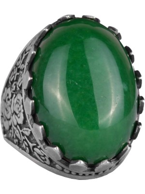 Doğal Taş Yüzük - Gül Desenli Yüzük - 925 Ayar Gümüş Yüzük - El Yapımı Büyük Yüzük (Jade)