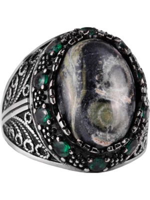 Doğal Yeşil Göz Taşı Yüzük - El Yapımı 925 Ayar Gümüş Erkek Takısı