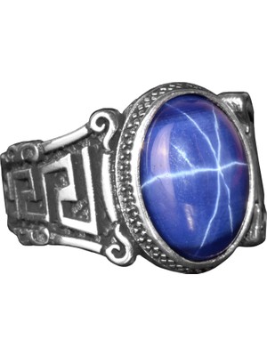 Doğal Yıldız Safir Taşlı Yüzük, Yunan Anahtarı Yüzük, Sonsuzluk Yüzüğü, 925 Ayar Gümüş Yüzük