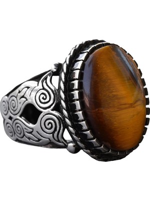 Kaplan Göz Taşı Yüzük, Gümüş Kaplan Göz Taşı Yüzük, 925 Ayar Gümüş Erkek Yüzük, Büyük Baykuş Yüzük