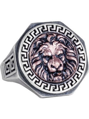 925 Ayar Gümüş Yüzük - Yunan Anahtarı Tasarımı Erkek Yüzüğü - El Yapımı Yüzük (Aslan)