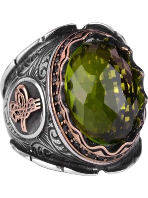Gümüş Osmanlı Tuğra Yüzük, Doğal Olmayan Peridot Taşlı Yüzük, 925 Ayar Gümüş Erkek Yüzük
