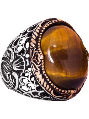 925 Ayar Gümüş Erkek Yüzük - Doğal Kaplan Göz Taşı