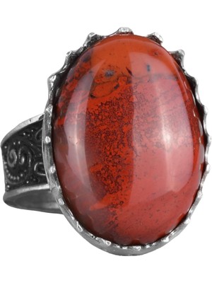 Doğal Taş Yüzük - 925 Ayar Gümüş Büyük Yüzük - El Yapımı Yüzük (Kırmızı Kan Taşı)