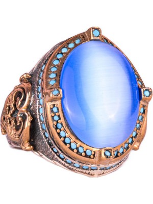 925 Ayar Gümüş Erkek Yüzük, Yapay Mavi Kedi Gözü Taşı, El Yapımı Vintage Tasarım Ifadeli Yüzük