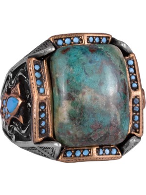 Doğal Taş Yüzük - El Yapımı Yüzük - 925 Ayar Gümüş Yüzük (Krisokolla)