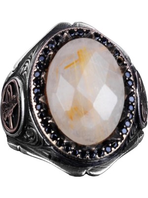 925K Katı Gümüş Erkek Yüzük - Doğal Taşlarla El Yapımı Şıklık (Altın Rutilatlı Kuvars Taşı)